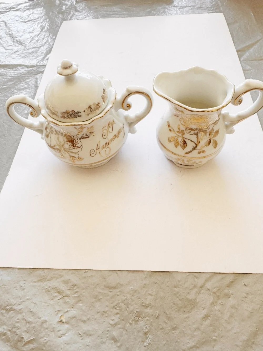 Norcrest Gold Rose 50th Anniversary Cream and Sugar Set Vintage Japan 3 Inches
